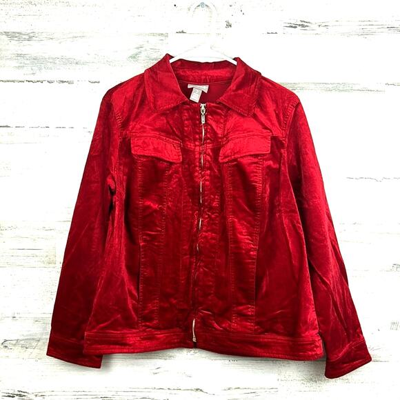 Chico’s Women’s M Red Cotton Velvet Long Sleeve Button Front Holiday Jacket Coat - Picture 1 of 8